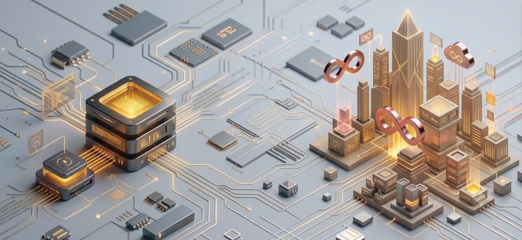 Digital circuitry and cityscape illustration